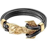 Mendes Leren armband Mannen Anker Leeuw Edelstaal Goudkleurig Zwart
