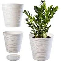 Kadax Bloempot met onderzetter, lichte ronde plantenbak voor binnen van kunststof, voor bloemen en planten (21 cm, crèmekleurig)