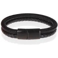 TJ Tom Jaxon Heren armband Tom Jaxon Gevlochten Leer en Staal Zwart-23cm