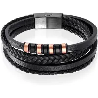 Mendes Leren heren armband Multi Edelstaal Zwart Rose - 21cm