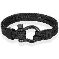 Mendes Nautische heren armband Leer Edelstaal Zwart - 21cm