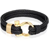 Mendes Nautische heren armband Leer Edelstaal Zwart Goudkleurig - 19cm