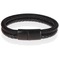 TJ Tom Jaxon Heren armband Tom Jaxon Gevlochten Leer en Staal Zwart-19cm