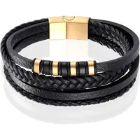 Mendes Leren heren armband Multi Edelstaal Goudkleurig Zwart-22.5cm