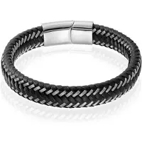 LGT JWLS Heren armband Leer Edelstaal LGT Jewels Zilverkleurig Zwart - 19cm