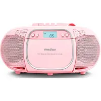 Medion E66476 Stereo Geluidssysteem (boombox, CD-speler, MP3, cassette, draagbare cassettespeler voor kinderen, FM-radio, AUX, hoofdtelefoon, netvoeding & batterij) Roze
