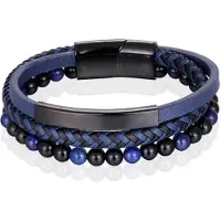 Memphis Heren armband Tijgeroog kraal gevlochten leer Zwart Blauw - 19cm