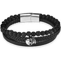 Memphis Heren armband Agaat Skull Gevlochten Leer Zwart-20.5cm