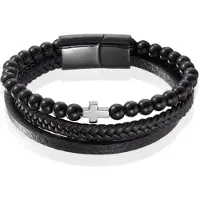 Memphis Heren armband Agaat kraal gevlochten leer Kruis Zwart - 21cm