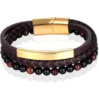 Memphis Heren armband Tijgeroog kraal gevlochten leer Goudkleurig Bruin - 19cm