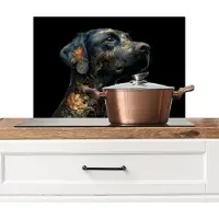 KitchenYeah Spatscherm keuken 60x40 cm - Kookplaat achterwand Hond - Zwart - Bloemen - Muurbeschermer - Spatwand fornuis - Hoogwaardig aluminium