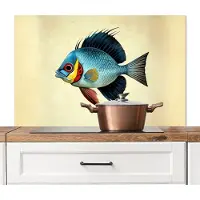 KitchenYeah Spatscherm keuken 100x65 cm - Kookplaat achterwand Blauw - Kieuwen - Vis - Illustratie - Muurbeschermer - Spatwand fornuis - Hoogwaardig aluminium
