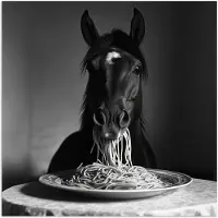 PosterMonkey Poster 100x100 cm - Paard - Bord - Pasta - Tafelkleed - Zwart Wit - Dieren - Posters - Kamer decoratie - Wanddecoratie woonkamer - Muurdecoratie slaapkamer XXL