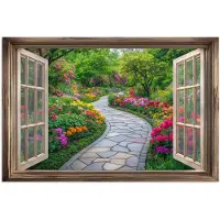 PosterMonkey Poster 30x20 cm - Doorkijk - Bloemen - Tuinpad - Natuur - Raam - Posters - Kamer decoratie - Wanddecoratie woonkamer - Muurdecoratie slaapkamer
