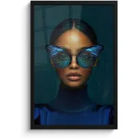 PosterMonkey Poster in lijst - Fotolijst 40x60 cm - Posters - Vrouw - Vlinder - Bril - Blauw - Modern - Portret - Posterlijst zwart - Decoratie - Wanddecoratie woonkamer - Muurdecoratie slaapkamer