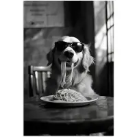 PosterMonkey Poster 120x180 cm - Golden Retriever - Hond - Vrolijk - Bord spaghetti - Zwart - wit - Posters - Kamer decoratie - Wanddecoratie woonkamer - Muurdecoratie slaapkamer XXL