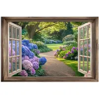 PosterMonkey Poster 90x60 cm - Doorkijk - Tuin - Raam - Hortensia - Bloemen - Posters - Kamer decoratie - Wanddecoratie woonkamer - Muurdecoratie slaapkamer