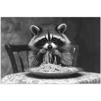PosterMonkey Poster 90x60 cm - Wasbeer - Cute - Pasta - Tafelkleed - Zwart - Wit - Posters - Kamer decoratie - Wanddecoratie woonkamer - Muurdecoratie slaapkamer