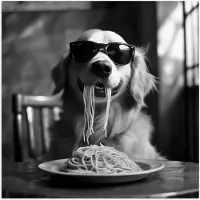 PosterMonkey Poster 30x30 cm - Golden Retriever - Hond - Vrolijk - Bord spaghetti - Zwart - wit - Posters - Kamer decoratie - Wanddecoratie woonkamer - Muurdecoratie slaapkamer