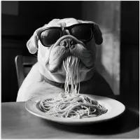 PosterMonkey Poster 30x30 cm - Hond - Bulldog - Pasta - Bril - Stoer - Dieren - Posters - Kamer decoratie - Wanddecoratie woonkamer - Muurdecoratie slaapkamer