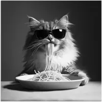 PosterMonkey Poster 100x100 cm - Langharige kat - Zonnebril - Spaghetti - Humor - Zwart - wit - Posters - Kamer decoratie - Wanddecoratie woonkamer - Muurdecoratie slaapkamer XXL