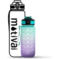 Motivai Motivatie Waterfles - Turquoise/Paars - 600ML Drinkfles - Motivatiefles - Waterfles met Rietje - Waterfles met tijdmarkering - BPA Vrij - Volwassenen - Kinderen