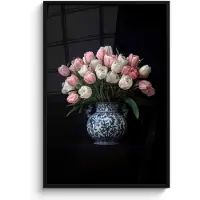 PosterMonkey Poster in lijst - Fotolijst 80x120 cm - Posters - Bloemen - Roze - Tulpen - Vaas - Posterlijst zwart - Decoratie - Wanddecoratie woonkamer - Muurdecoratie slaapkamer