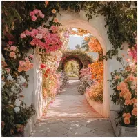 PosterMonkey Poster 75x75 cm - Doorkijk - Boog - Bloemen - Pastel - Posters - Kamer decoratie - Wanddecoratie woonkamer - Muurdecoratie slaapkamer