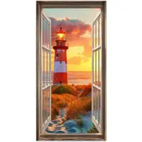 PosterMonkey Poster 40x80 cm - Doorkijk - Raam - Vuurtoren - Zonsondergang - Strand - Posters - Kamer decoratie - Wanddecoratie woonkamer - Muurdecoratie slaapkamer