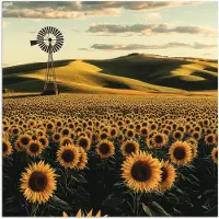 PosterMonkey Poster 100x100 cm - Zonnebloem - Veld - Windmolen - Posters - Kamer decoratie - Wanddecoratie woonkamer - Muurdecoratie slaapkamer XXL