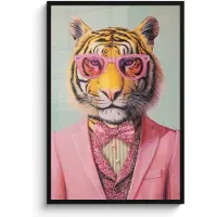 PosterMonkey Poster in lijst - Fotolijst 80x120 cm - Posters - Tijger - Strik - Jasje - Roze - Posterlijst zwart - Decoratie - Wanddecoratie woonkamer - Muurdecoratie slaapkamer