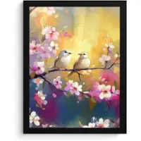PosterMonkey Poster in lijst - Fotolijst 30x40 cm - Posters - Vogels - Bloemen - Roze - Posterlijst zwart - Decoratie - Wanddecoratie woonkamer - Muurdecoratie slaapkamer