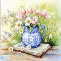 PosterMonkey Poster 30x30 cm - Vaas - Delftsblauw - Madeliefjes - Posters - Kamer decoratie - Wanddecoratie woonkamer - Muurdecoratie slaapkamer