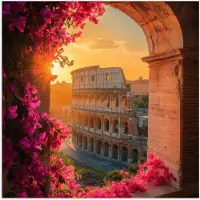 PosterMonkey Poster 30x30 cm - Colosseum - Rome - Roze Bloemen - Posters - Kamer decoratie - Wanddecoratie woonkamer - Muurdecoratie slaapkamer