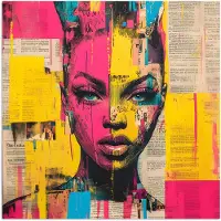 PosterMonkey Poster 100x100 cm - Vrouwengezicht - Krantenpapier - Abstract - Roze - Posters - Kamer decoratie - Wanddecoratie woonkamer - Muurdecoratie slaapkamer XXL