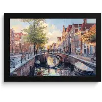 PosterMonkey Poster in lijst - Fotolijst 30x20 cm - Posters - Brug - Stad - Huizen - Boot - Posterlijst zwart - Decoratie - Wanddecoratie woonkamer - Muurdecoratie slaapkamer