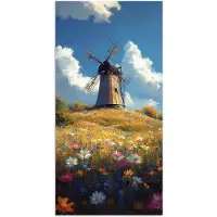 PosterMonkey Poster 60x120 cm - Windmolen - Heuvel - Bloemen - Kleurrijk - Posters - Kamer decoratie - Wanddecoratie woonkamer - Muurdecoratie slaapkamer
