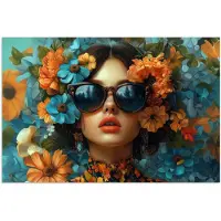 PosterMonkey Poster 30x20 cm - Vrouw - Bloemen - Oranje - Blauw - Modern - Posters - Kamer decoratie - Wanddecoratie woonkamer - Muurdecoratie slaapkamer