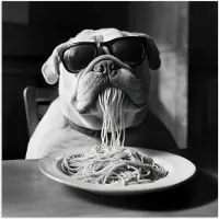 PosterMonkey Poster 75x75 cm - Hond - Bulldog - Pasta - Bril - Stoer - Dieren - Posters - Kamer decoratie - Wanddecoratie woonkamer - Muurdecoratie slaapkamer