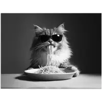 PosterMonkey Poster 80x60 cm - Langharige kat - Zonnebril - Spaghetti - Humor - Zwart - wit - Posters - Kamer decoratie - Wanddecoratie woonkamer - Muurdecoratie slaapkamer