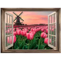 PosterMonkey Poster 160x120 cm - Doorkijk - Tulpen - Bloemen - Molen - Raam - Posters - Kamer decoratie - Wanddecoratie woonkamer - Muurdecoratie slaapkamer XXL
