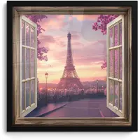 PosterMonkey Poster in lijst - Fotolijst 40x40 cm - Posters - Doorkijk - Parijs - Eiffeltoren - Roze - Kersenbloesem - Posterlijst zwart - Decoratie - Wanddecoratie woonkamer - Muurdecoratie slaapkamer