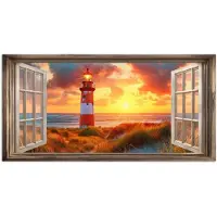 PosterMonkey Poster 160x80 cm - Doorkijk - Raam - Vuurtoren - Zonsondergang - Strand - Posters - Kamer decoratie - Wanddecoratie woonkamer - Muurdecoratie slaapkamer