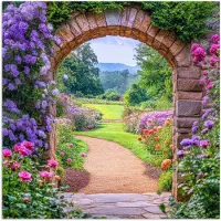 PosterMonkey Poster 75x75 cm - Doorkijk - Poort - Bloemen - Tuin - Posters - Kamer decoratie - Wanddecoratie woonkamer - Muurdecoratie slaapkamer