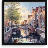 PosterMonkey Poster in lijst - Fotolijst 40x40 cm - Posters - Brug - Stad - Huizen - Boot - Posterlijst zwart - Decoratie - Wanddecoratie woonkamer - Muurdecoratie slaapkamer