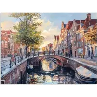 PosterMonkey Poster 80x60 cm - Brug - Stad - Huizen - Boot - Posters - Kamer decoratie - Wanddecoratie woonkamer - Muurdecoratie slaapkamer