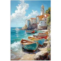 PosterMonkey Poster 60x90 cm - Boten - Rotsen - Zee - Zon - Posters - Kamer decoratie - Wanddecoratie woonkamer - Muurdecoratie slaapkamer