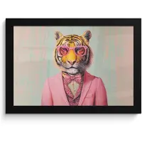 PosterMonkey Poster in lijst - Fotolijst 30x20 cm - Posters - Tijger - Strik - Jasje - Roze - Posterlijst zwart - Decoratie - Wanddecoratie woonkamer - Muurdecoratie slaapkamer