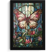 PosterMonkey Poster in lijst - Fotolijst 20x30 cm - Posters - Vlinder - Roze - Bloemen - Bladeren - Posterlijst zwart - Decoratie - Wanddecoratie woonkamer - Muurdecoratie slaapkamer