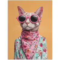 PosterMonkey Poster 60x80 cm - Zonnebril - Kat - Sjaal - Bloemen - Posters - Kamer decoratie - Wanddecoratie woonkamer - Muurdecoratie slaapkamer